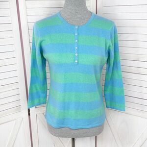 Geneva Rugby Striped‎ Henley Cashmere Sweater Blue Green Medium Preppy Nautical